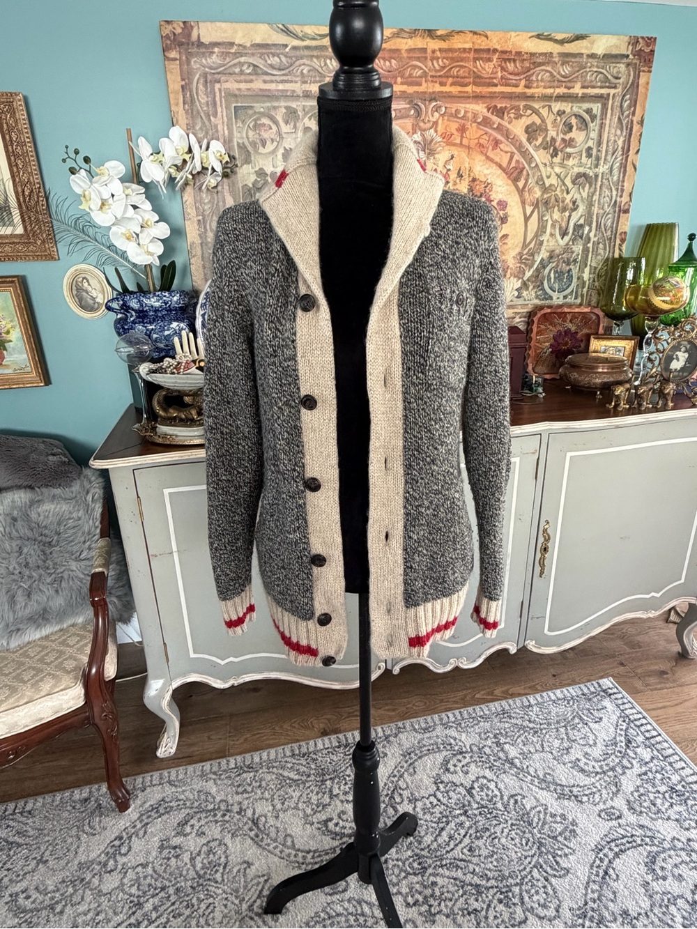 Roots Cabin Shawl-Collar Button Cardigan with Cream Trim